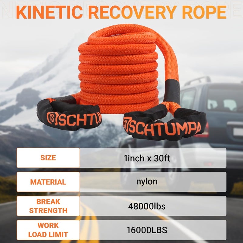 SCHTUMPA Kinetic Recovery Tow Rope, 1in x 30ft, 48000Lbs, Heavy Duty Towing Straps Kit with 1/2' X 22 Inch Soft Shackles for SUV UTV ATV Tractor Car Jeep 4x4 Offroad Vehicle - Image 2